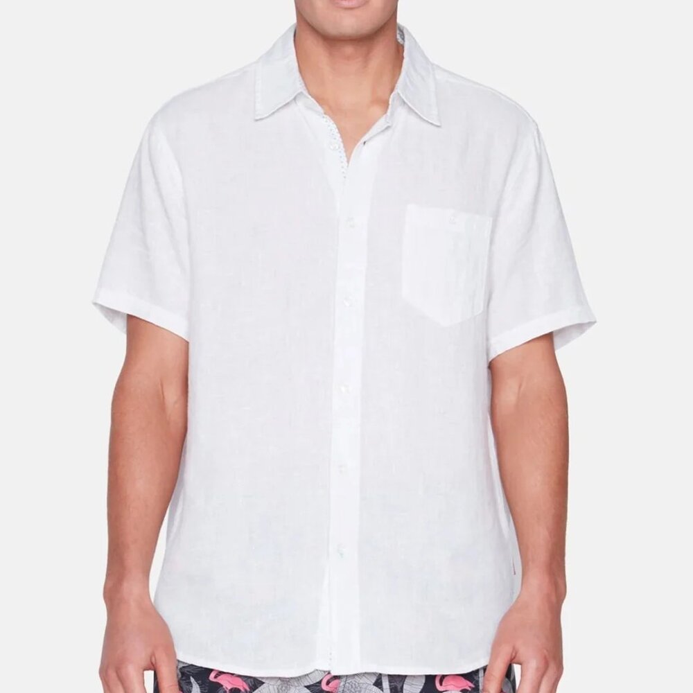 Public Beach White Linen Blend Short Sleeve Shirt with Contrasting Inner Placket